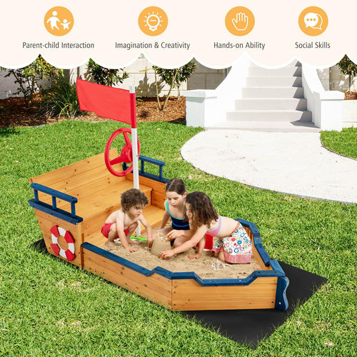 Wooden Kids Sandbox Outdoor Play Sandpit Toy w/2-in-1 Storage Benches