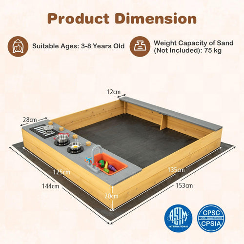 Wooden Sandbox, Kids Sand Pit with Kitchen Playset Accessories and Built-in Bench Seat