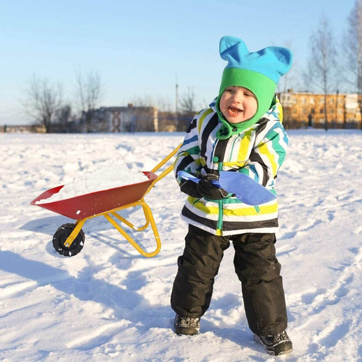 Kids Wheelbarrow, Children Steel Garden Wheelbarrow w/Non-Slip Handle, Wearable Wheels