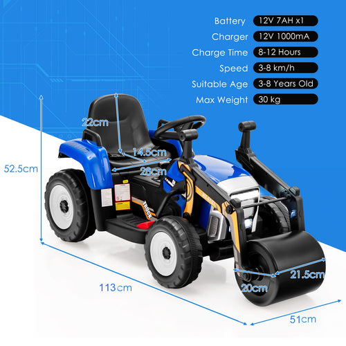 Ride on Car, 12V Road Roller with Remote Control, Battery Powered Electric Tractor w/Adjustable Drum Roller