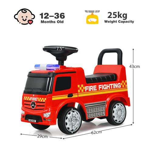Kids Ride On Car, Benz Licensed Fire Engine w/Storage Space, Steering Wheel, Backrest, Red