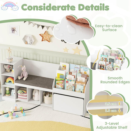 4-in-1 Kids Bookcase with Reading Nook and Removable Seat Cushion