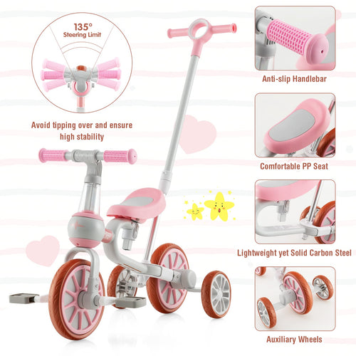 4-in-1 Toddler Tricycle, Kids Training Balance Bike w/Adjustable Parent Handle