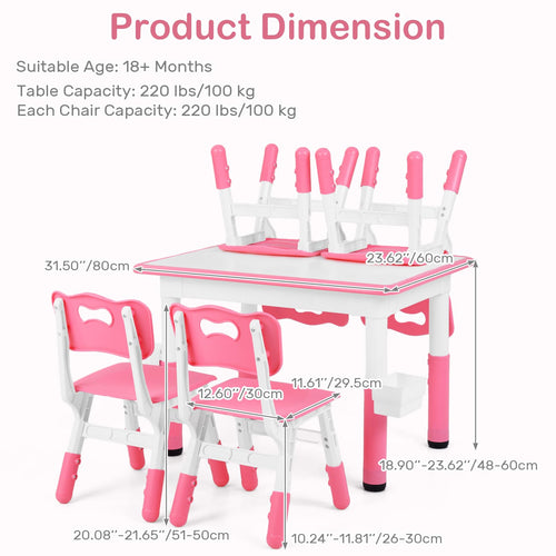 Kids Table and 4 Chairs Set, Height Adjustable Children Activity Desk with Graffiti Desktop 2 Storage Boxes