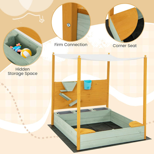 Kids Sandbox with Sand Wall, Wooden Sandpit for 3-8 Years w/Removable Canopy