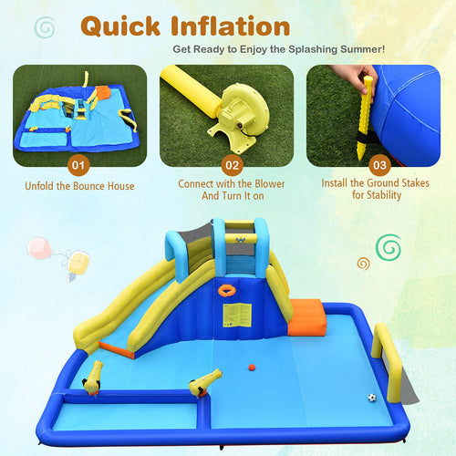 Inflatable Water Slide for Kids, 6-in-1 Kids Giant Water Park w/Large Water Soccer Splash Pool(with 680W Blower)