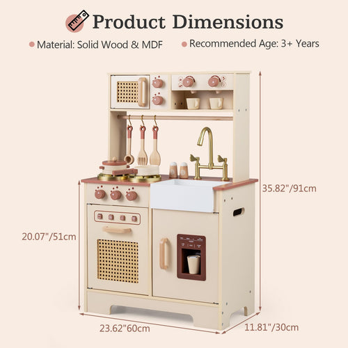 Play Kitchen, Wooden Kids Cooking Toy with Realistic Lights Sounds