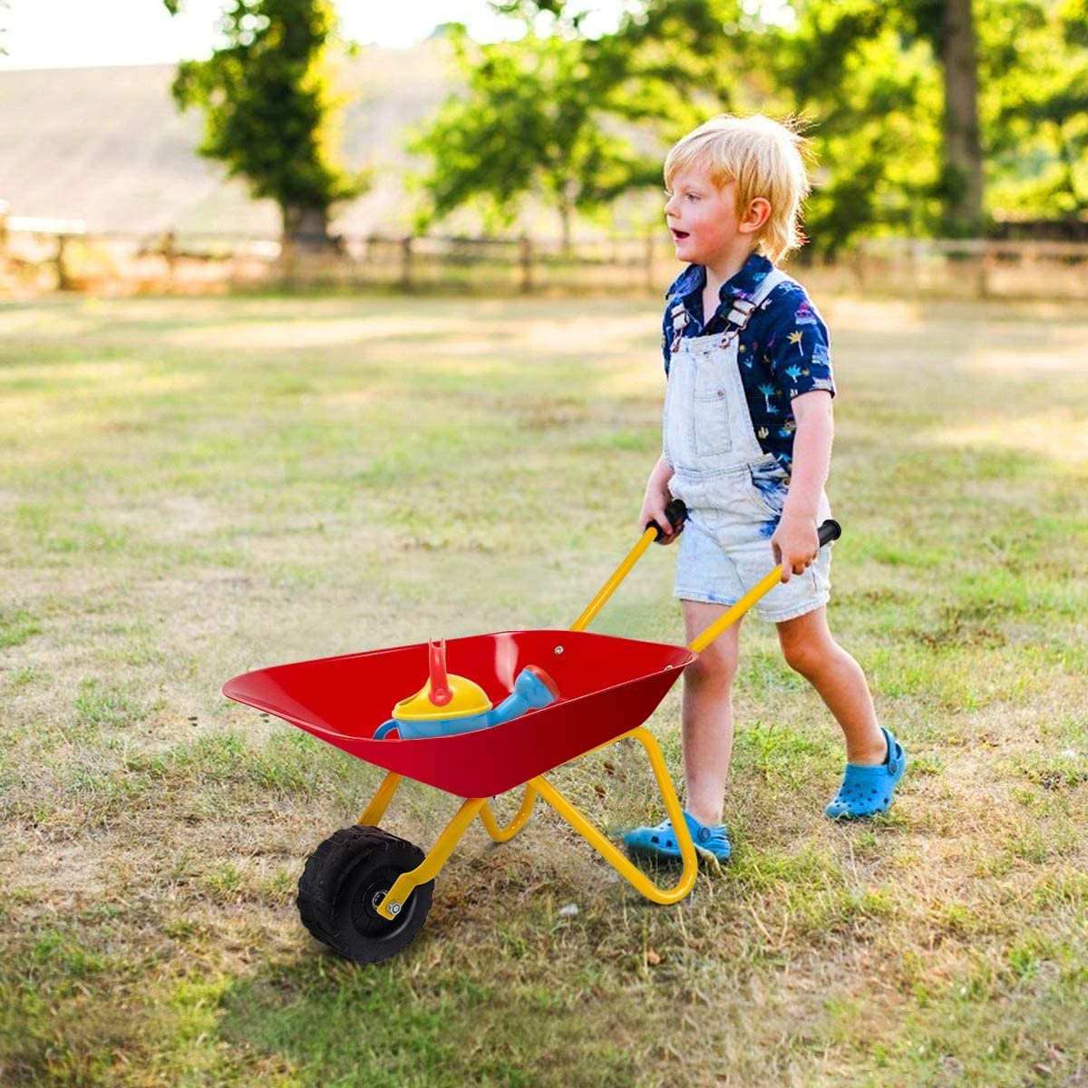Kids Wheelbarrow, Children Steel Garden Wheelbarrow w/Non-Slip Handle, Wearable Wheels