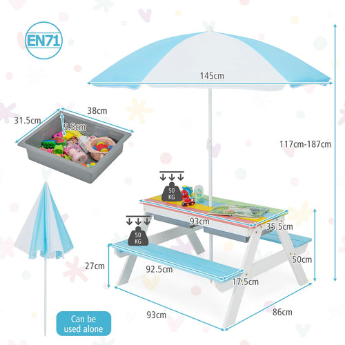Kids Picnic Table, 3-in-1 Wooden Table & Bench Set w/Removable & Foldable Umbrella for Backyard, Garden