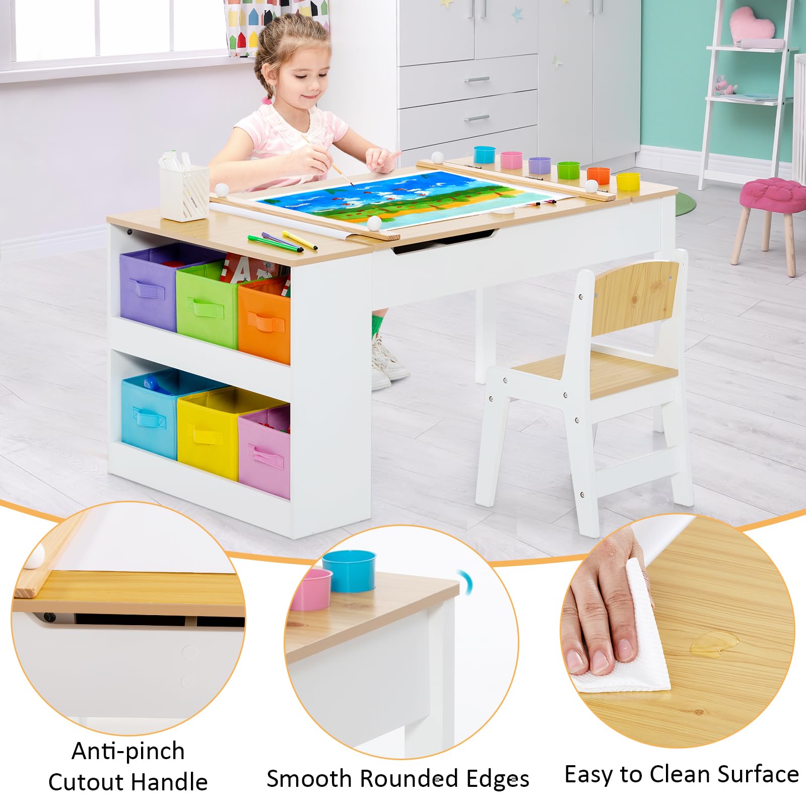 Toddler Art Craft Play Wood Activity Desk with 2 Chairs 4 Storage Canvas Bins Paper Roll for Writing Drawing