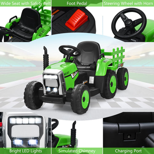 Kids Ride On Car, 12V Electric Ride On Tractor with Trailer for Children, Electric Toy Car for Over 3 w/Remote Control