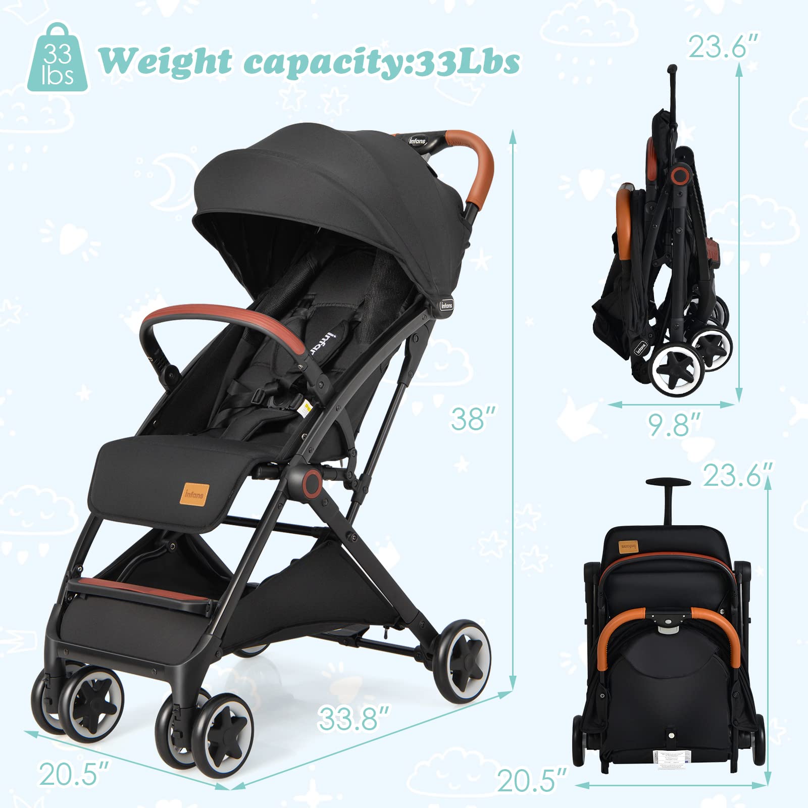 INFANS Travel Stroller, Lightweight Compact Baby Stroller for Airplane