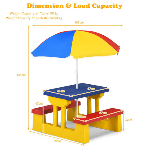 Kids Picnic Table Set, Table Bench Set for Toddlers w/Removable Umbrella