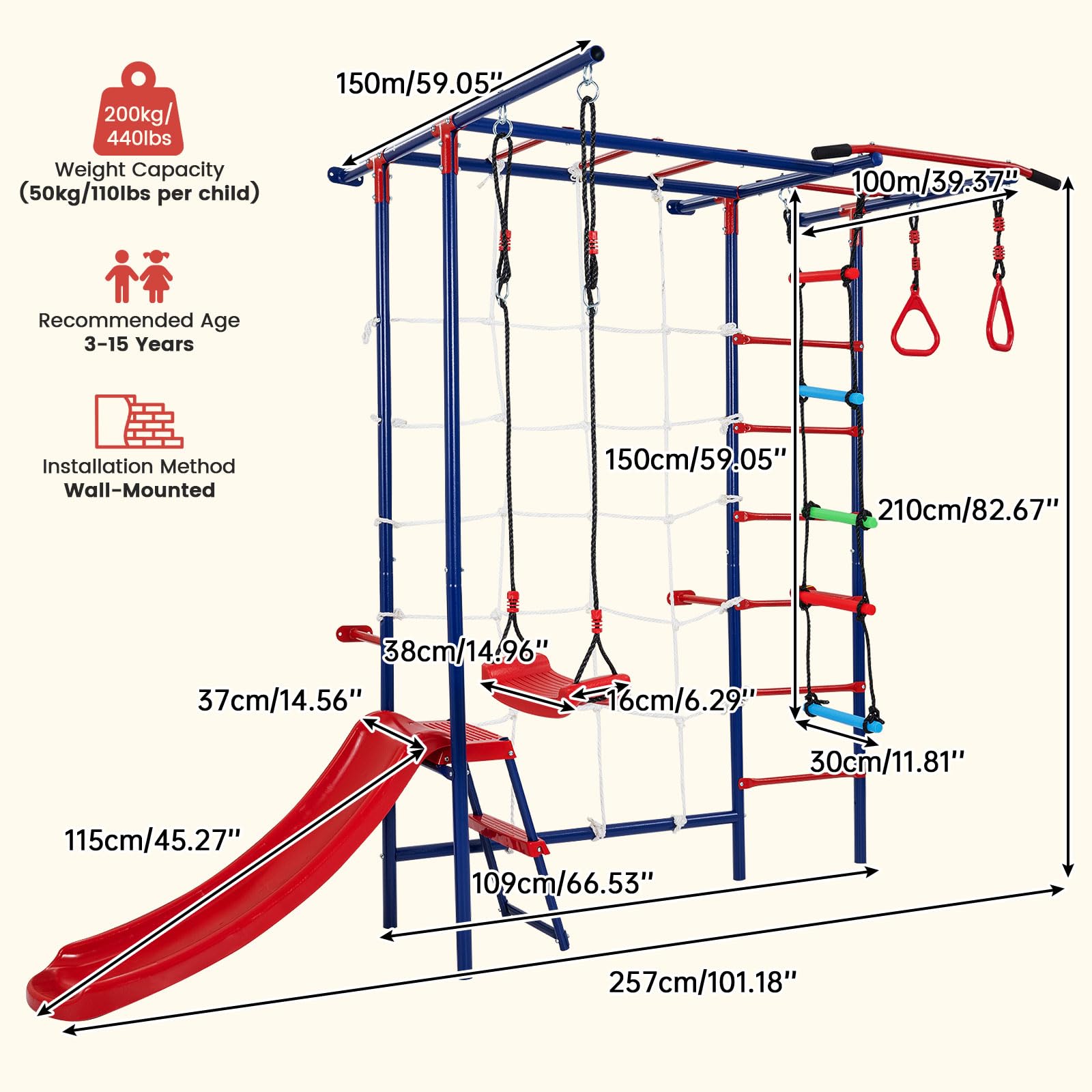 8 in 1 Swedish Ladder, Kids Indoor Outdoor Jungle Gym Playground