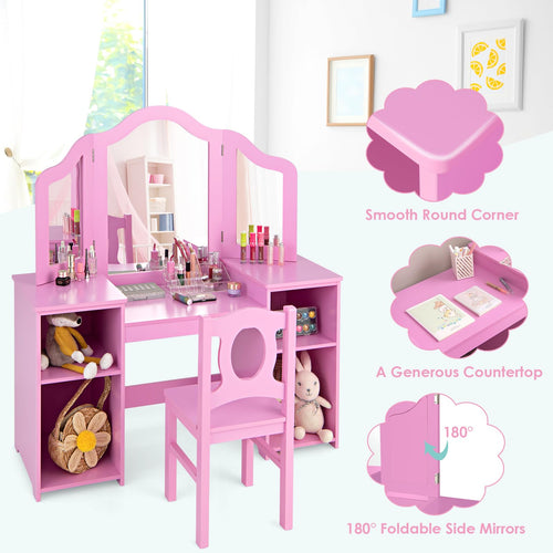 2-in-1 Kids Vanity Table and Chair Set with Removable Mirror