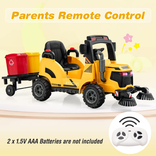 Kids Electric Ride-On Car, 12V Street Sweeper Truck w/2 Rotating Brushes & 2 Removable Rubbish Bins