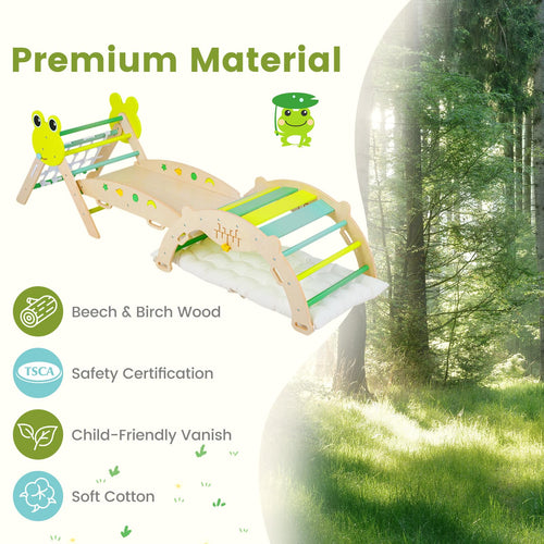 Pikler Triangle Set, 13 in 1 Frog Theme Foldable Wooden Montessori Toddler Climbing Toys