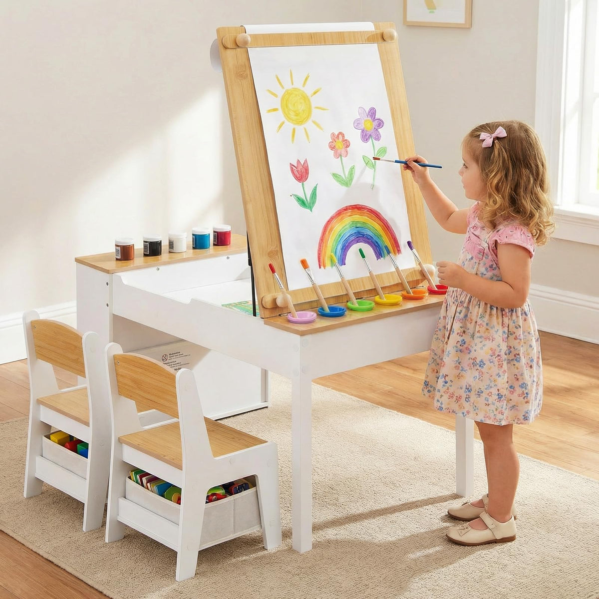 Toddler Art Craft Play Wood Activity Desk with 2 Chairs 4 Storage Canvas Bins Paper Roll for Writing Drawing