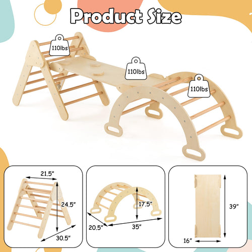 Pikler Triangle Set 7 in 1 Climbing Toys for Toddlers 1-3 Inside Foldable Wood Montessori Jungle Gym