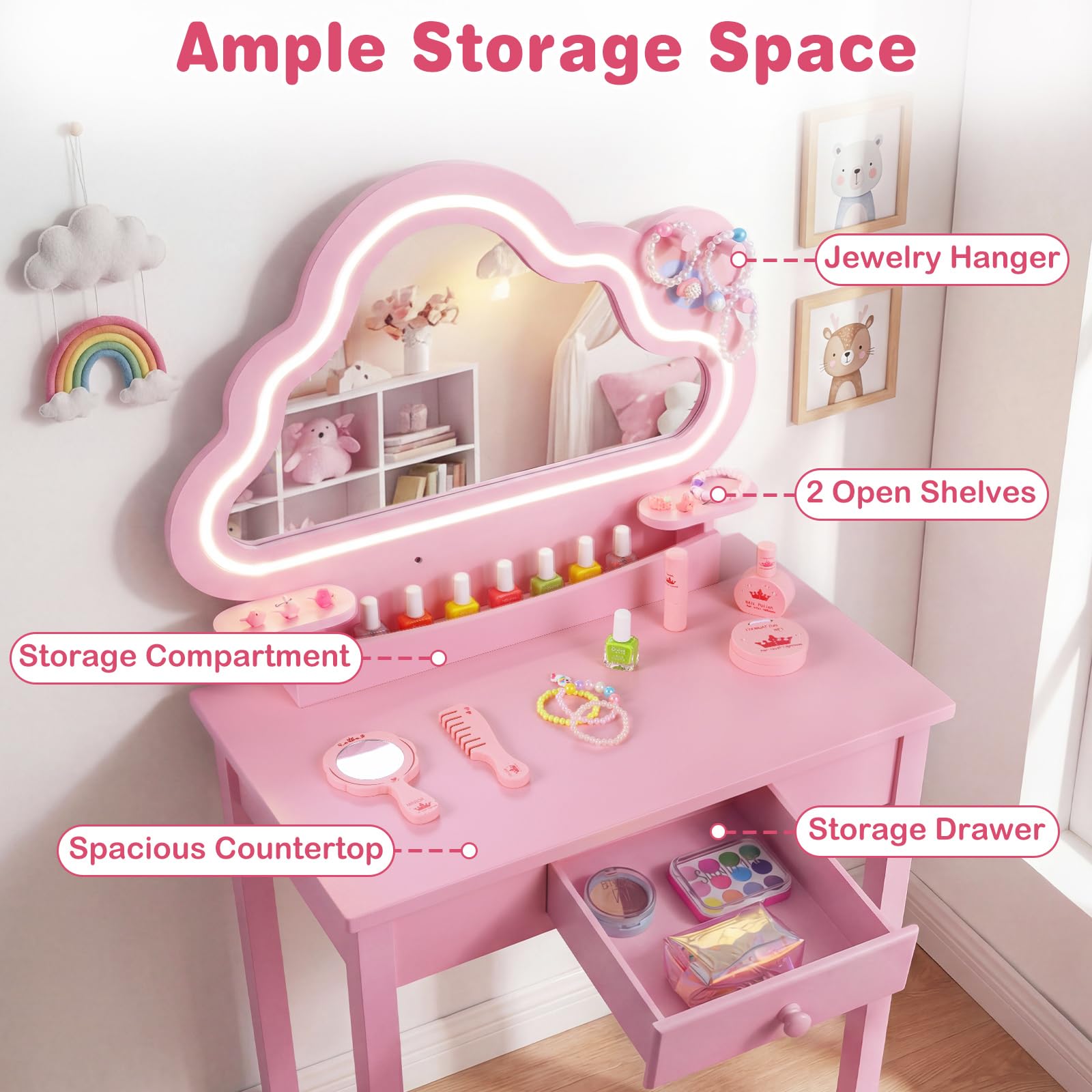 Kids Vanity with Lights, Princess Makeup Dressing Desk