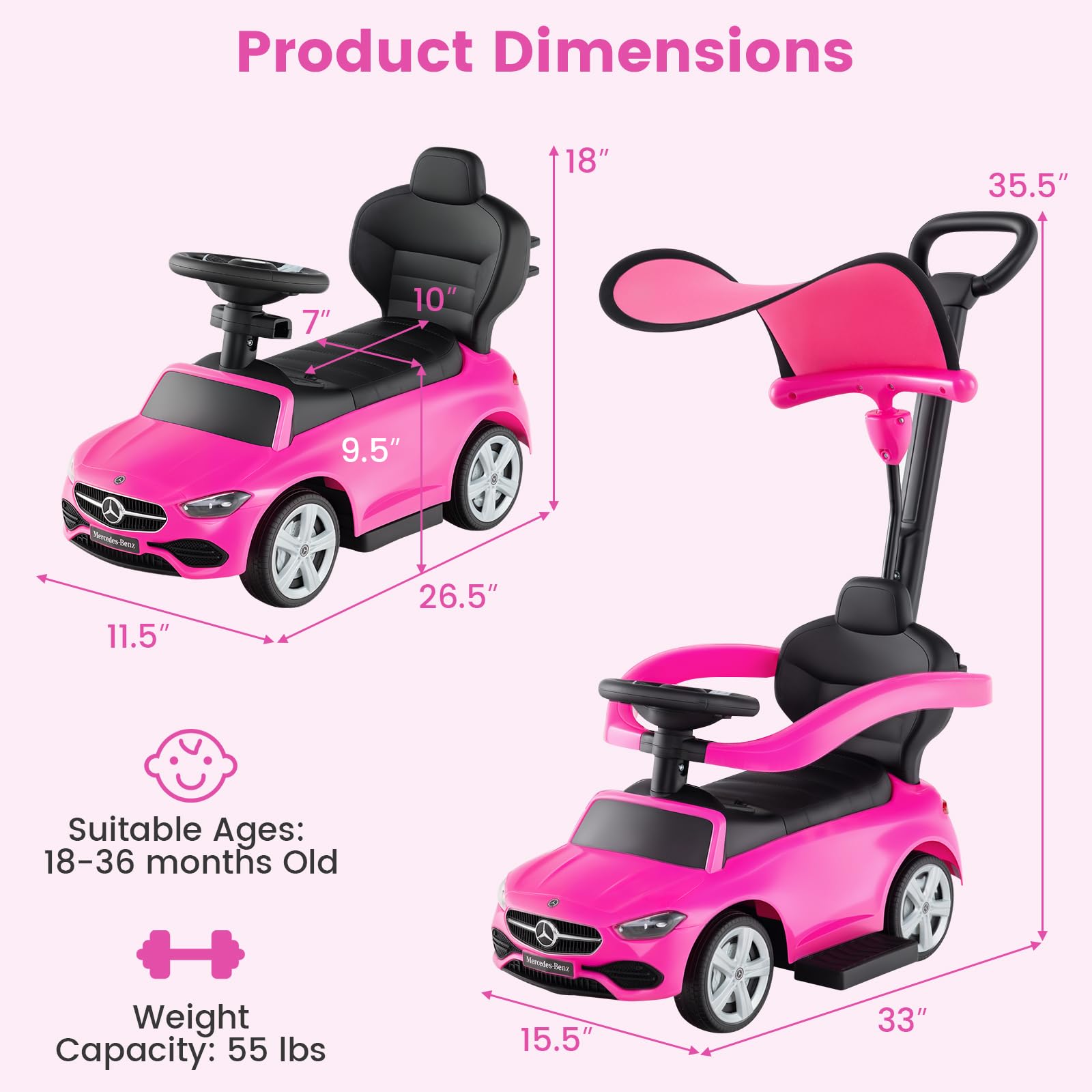 Licensed Mercedes Benz Push Car for Toddlers by INFANS 3 in 1 Sliding Walking Car with Push Handle