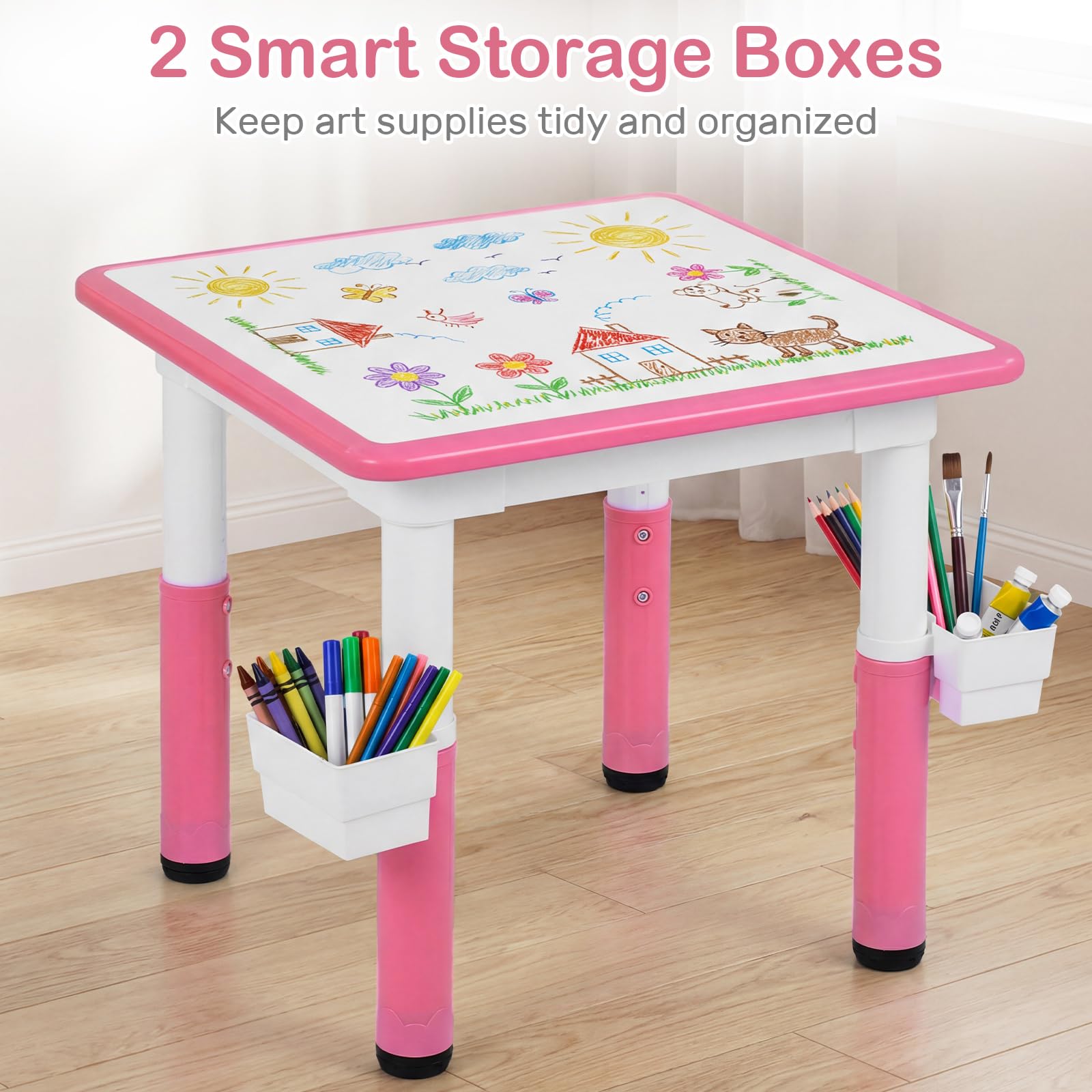 Kids Table and Chair Set, Height Adjustable Toddler Activity Desk with Graffiti Desktop Storage Boxes