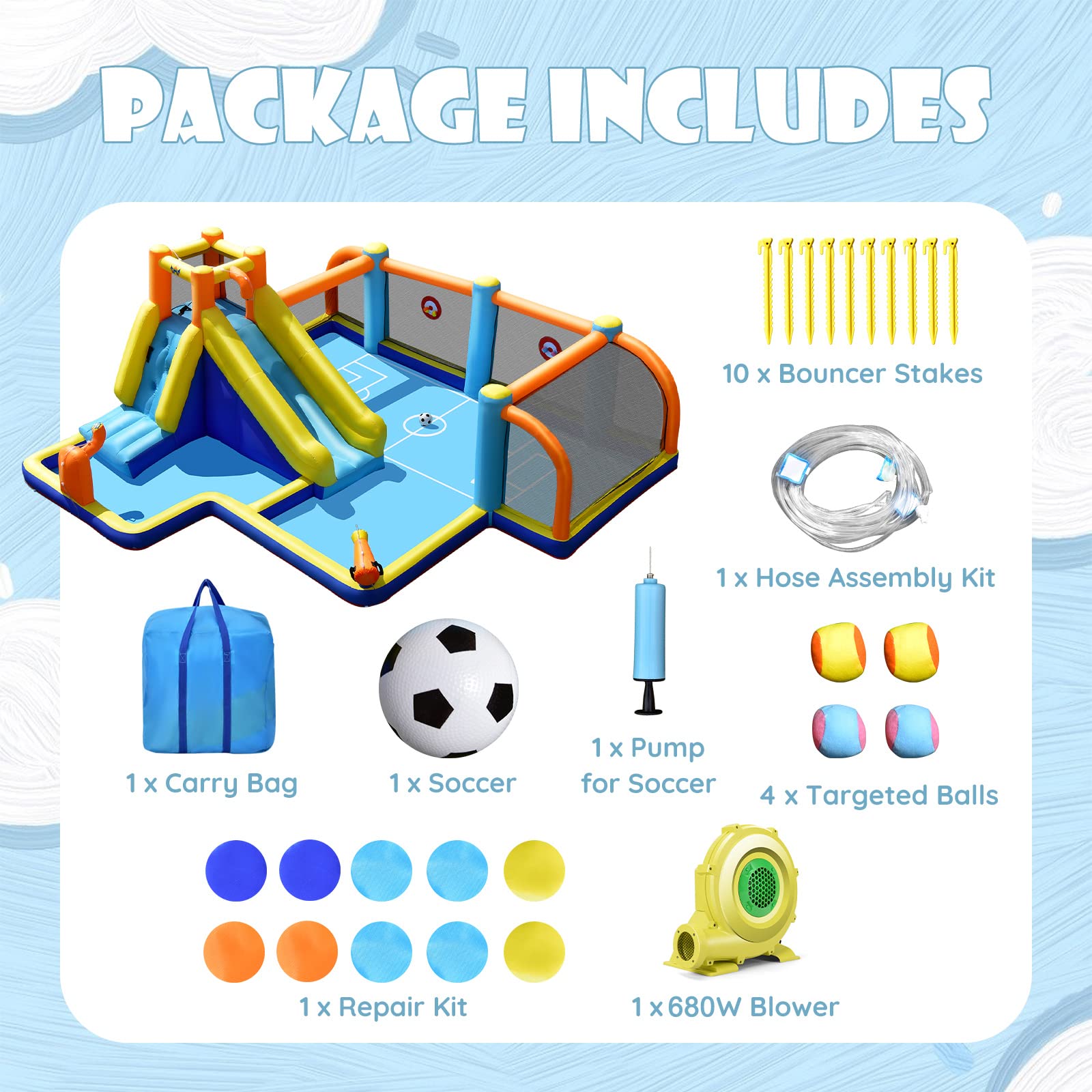 Inflatable Water Slide, 7-in-1 Long Slide Giant Water Park Wet Dry Combo with Water Soccer Splash Pool