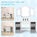 INFANS Kids Vanity, Princess Makeup Desk and Chair Set with Lights Mirror Drawer Storage Shelves