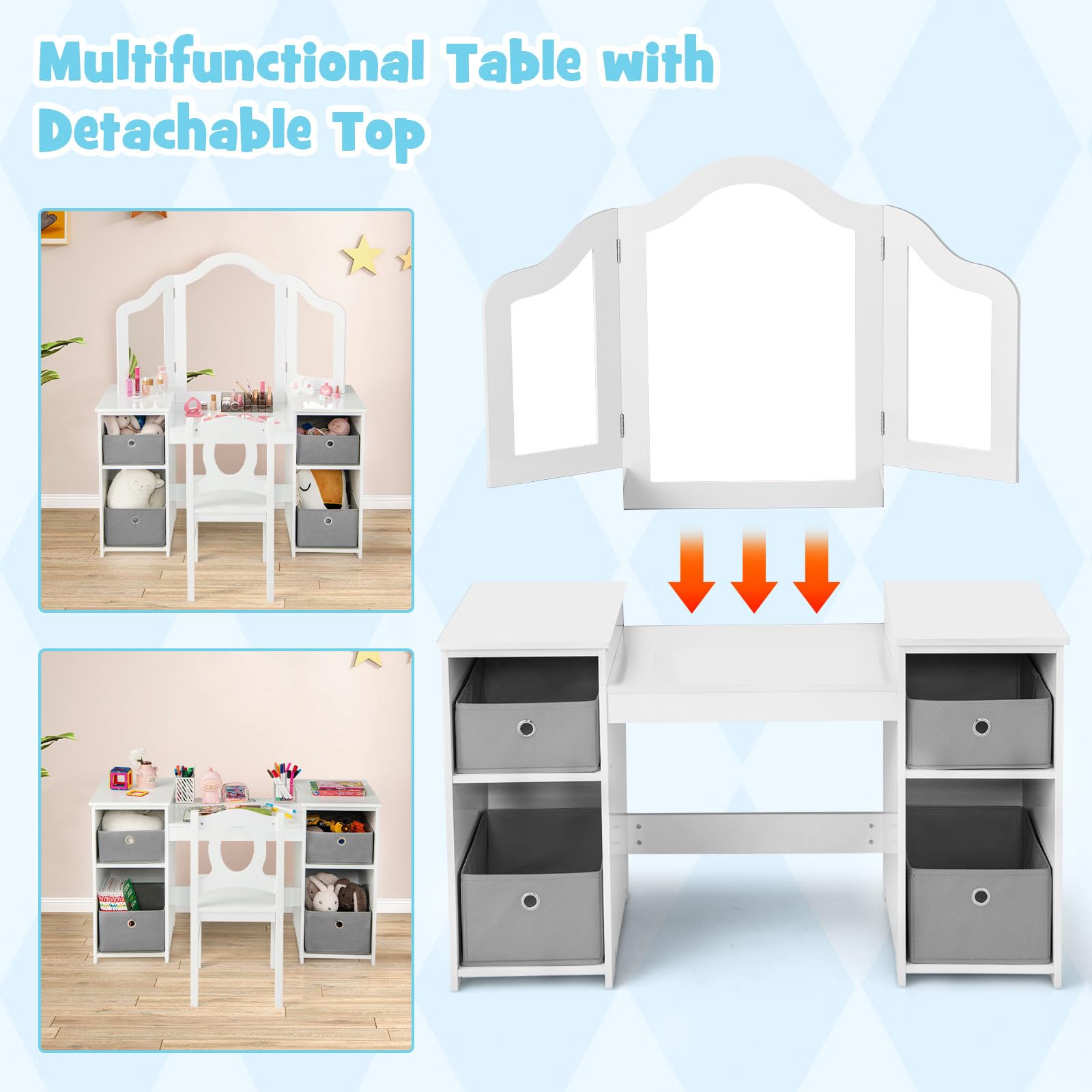 INFANS Kids Vanity, Princess Makeup Desk and Chair Set with Lights Mirror Drawer Storage Shelves