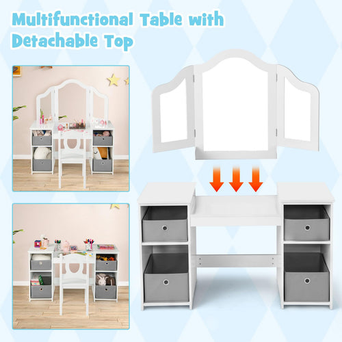INFANS Kids Vanity, Princess Makeup Desk and Chair Set with Lights Mirror Drawer Storage Shelves
