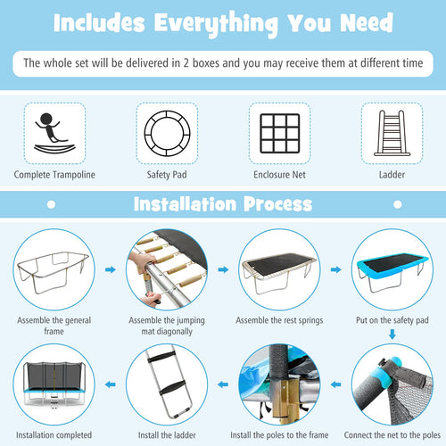 14 x 8FT 200 kg Weight Capacity Outdoor Kids Trampoline ASTM Certified Rectangular Trampoline with Enclosure Net, Safety Net and Ladder