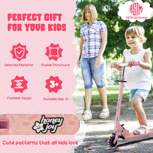 Kids Folding Kick Scooter, Scooter for Toddlers w/3 Adjustable Heights, 2 Light Up Flashing Wheels & Rear Brake System