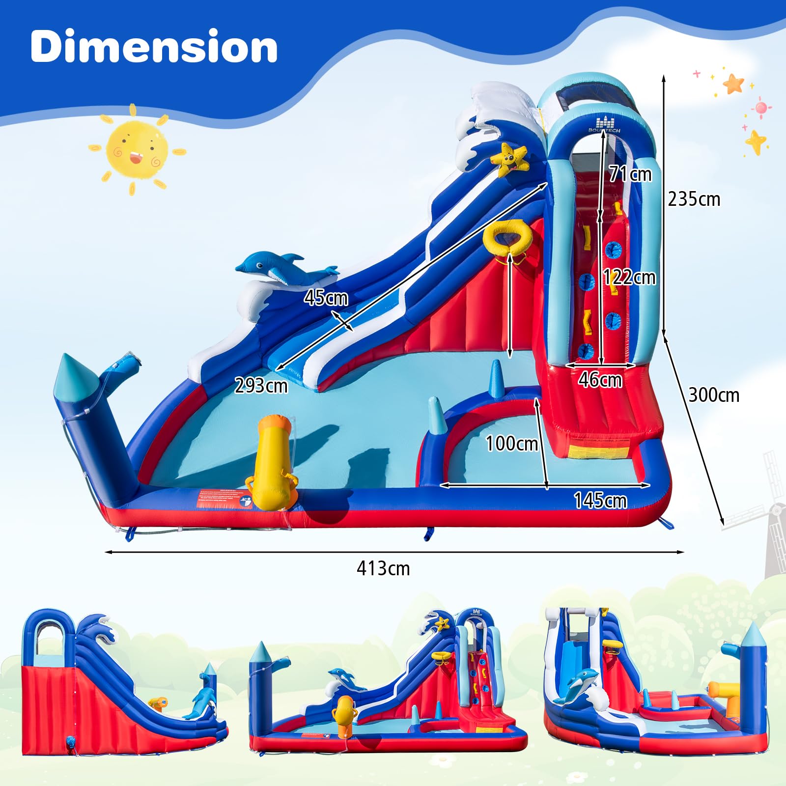 Inflatable Water Slide, Dolphin Theme Kids Bounce House Water Park w/Long Slide