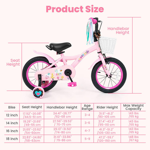 Kids Bike, 14 16 18 Inch Sweet Heart Theme Girls Bicycle