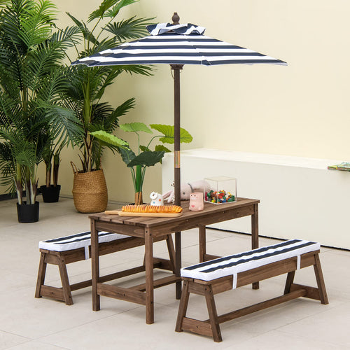 Kids Picnic Table Bench Set, Wooden Kids Outdoor Furniture with Umbrella, Sponge Cushions