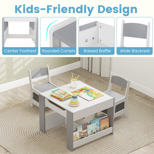 Kids Table and Chair Set, 4 in 1 Building Block Wooden Activity Desk with Reversible Tabletop Storage Drawers