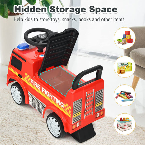 Kids Ride On Car, Benz Licensed Fire Engine w/Storage Space, Steering Wheel, Backrest, Red