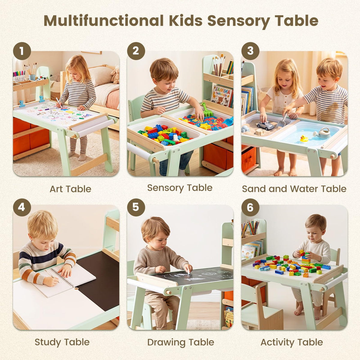Sensory Table and Chairs Set for Toddlers, Wooden Activity Table with Paper Roll Holder,  Art Play Sand Water Desk