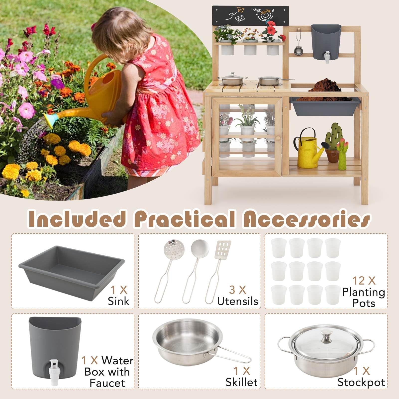 Mud Kitchen for Kids Outdoor, Wooden Toddler Play Kitchen with 12 Plant Pots, Faucet, Stoves