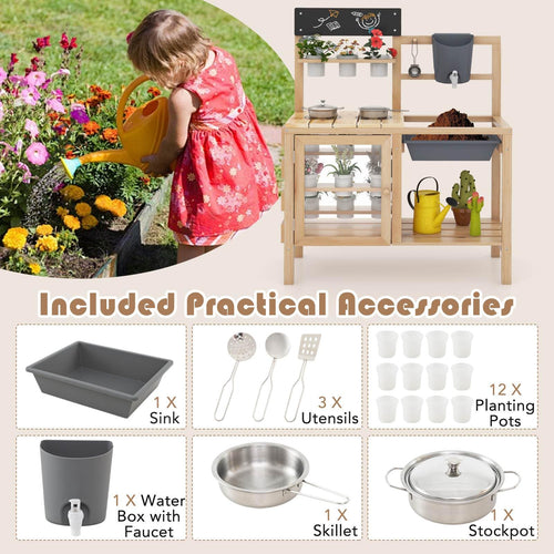 Mud Kitchen for Kids Outdoor, Wooden Toddler Play Kitchen with 12 Plant Pots, Faucet, Stoves