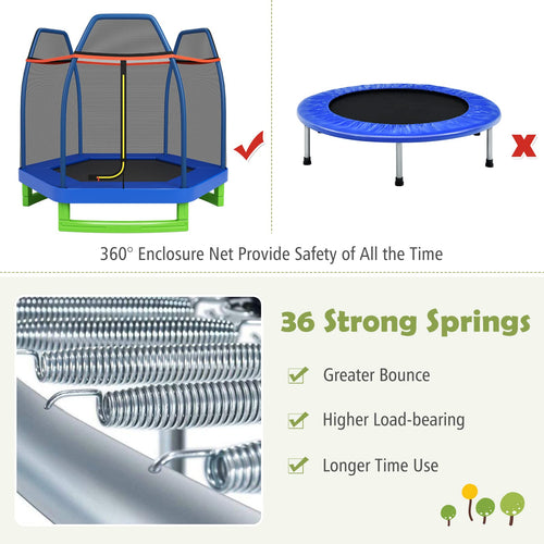 7FT Kids Trampoline w/Safety Enclosure Net & Spring Pad