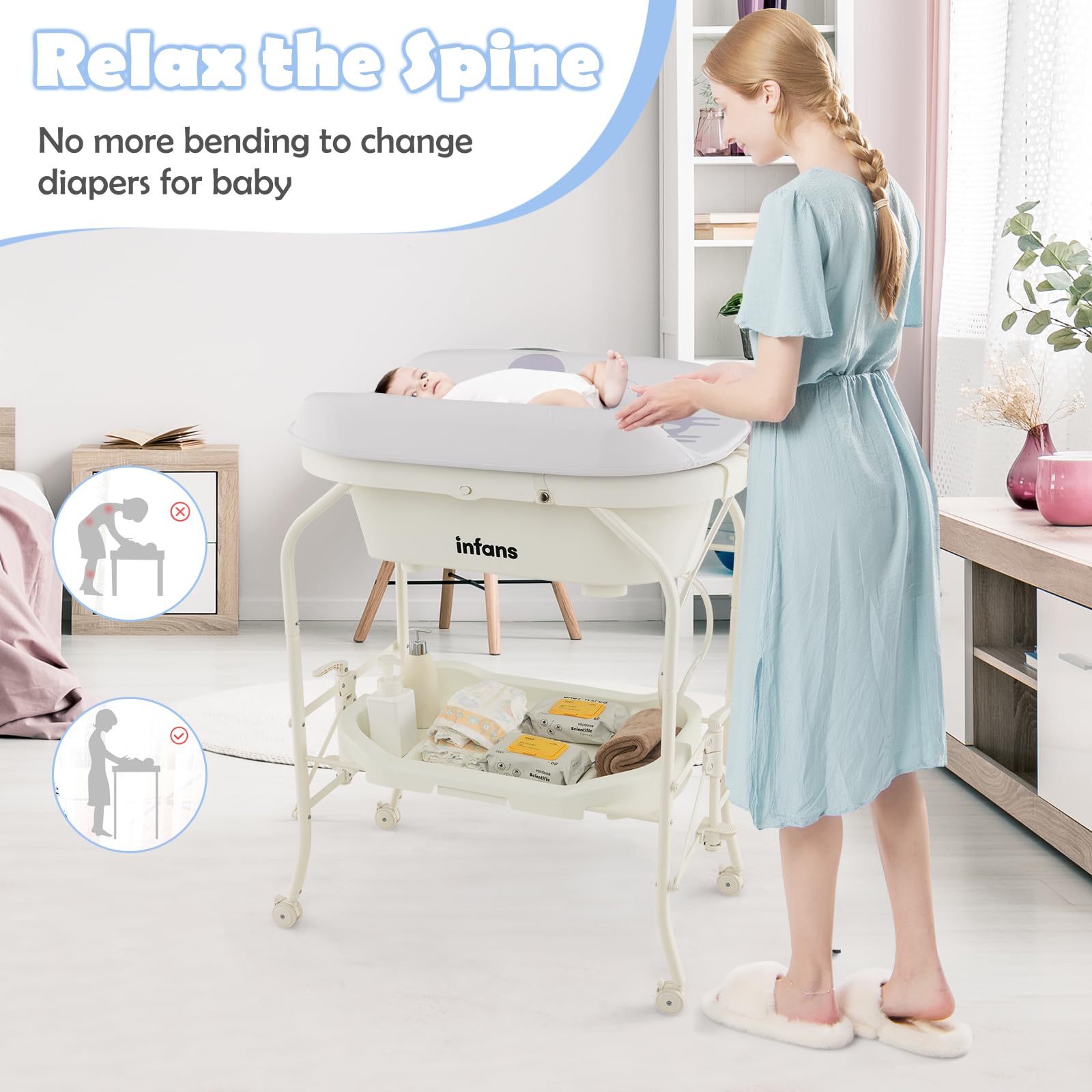 INFANS 2 in 1 Baby Changing Table with Bath Tub Unit, Folding Diaper Dresser Station