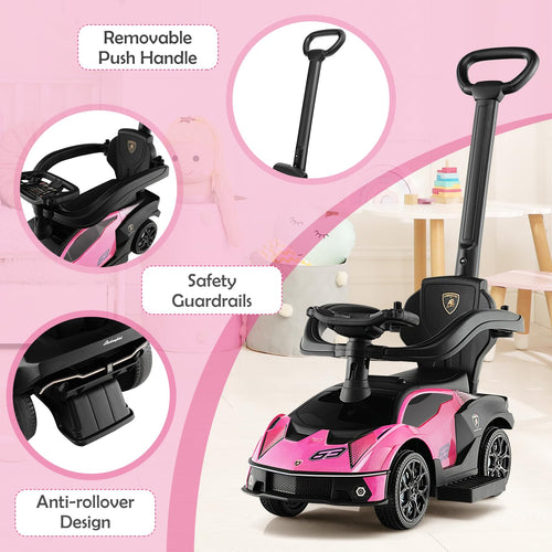 Lamborghini Licensed Push Cars for Toddlers 1-3, 3 in 1 Stroller Sliding Walking Car w/Handle