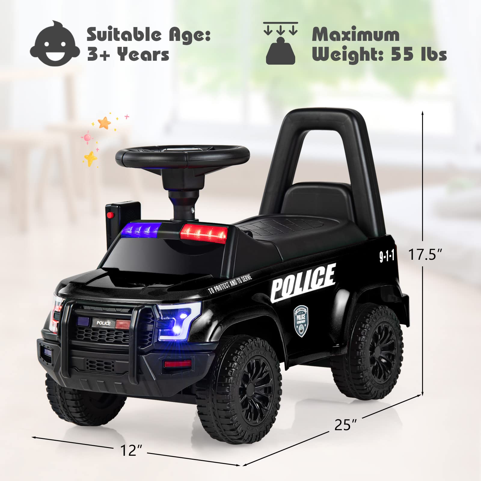 Ride On Push Police Car, Toddler Foot-to-Floor Sliding Toy with Siren