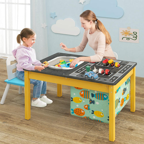 4-in-1 Kids Activity Table, Children Wooden Sensory Table Indoor Outdoor Play Study Desk w/Foldable Storage Bin