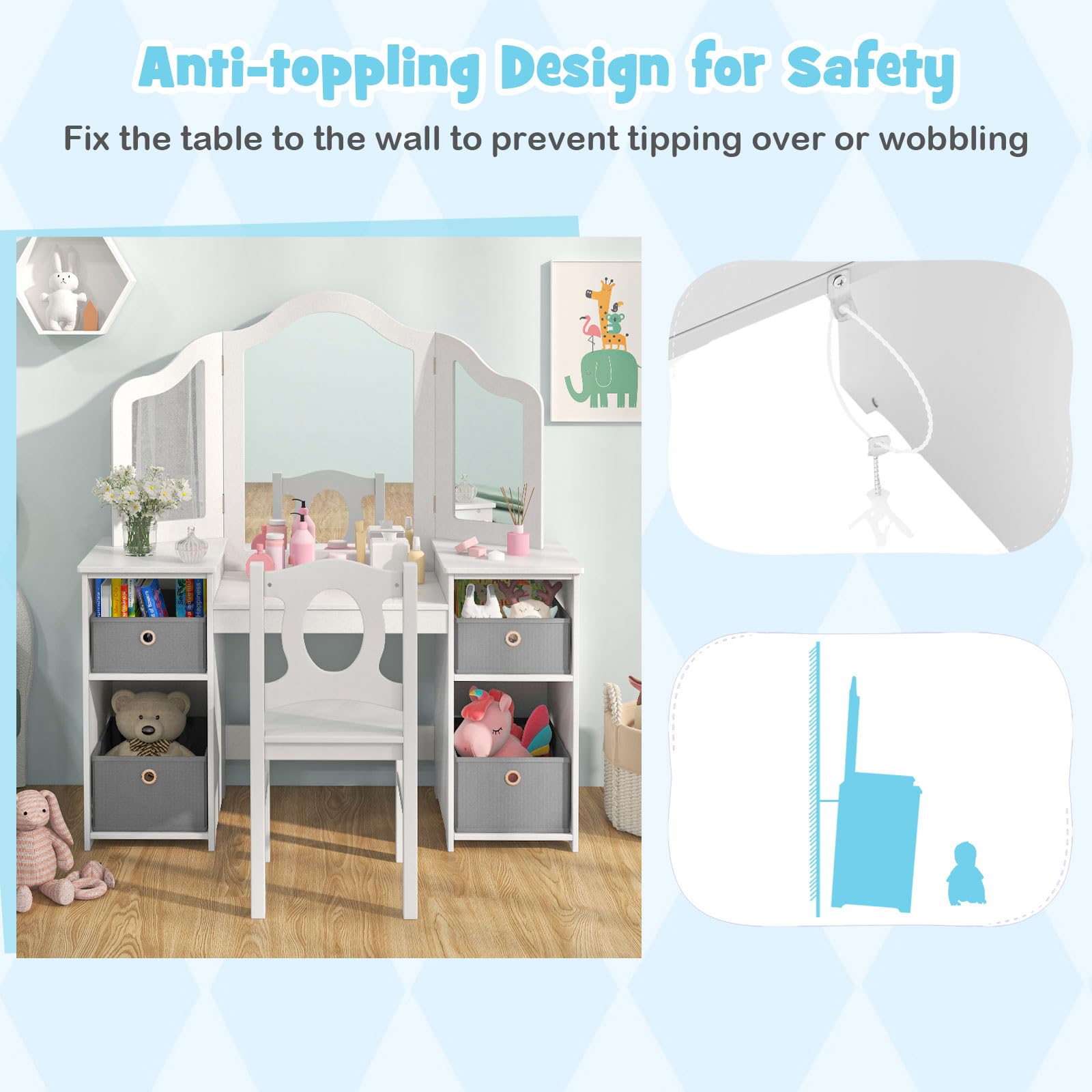 INFANS Kids Vanity, Princess Makeup Desk and Chair Set with Lights Mirror Drawer Storage Shelves