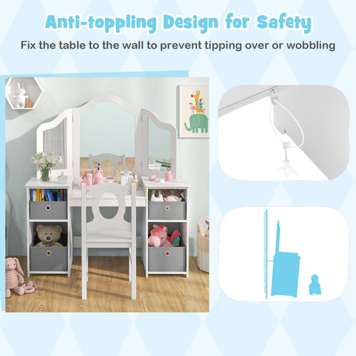 INFANS Kids Vanity, Princess Makeup Desk and Chair Set with Lights Mirror Drawer Storage Shelves