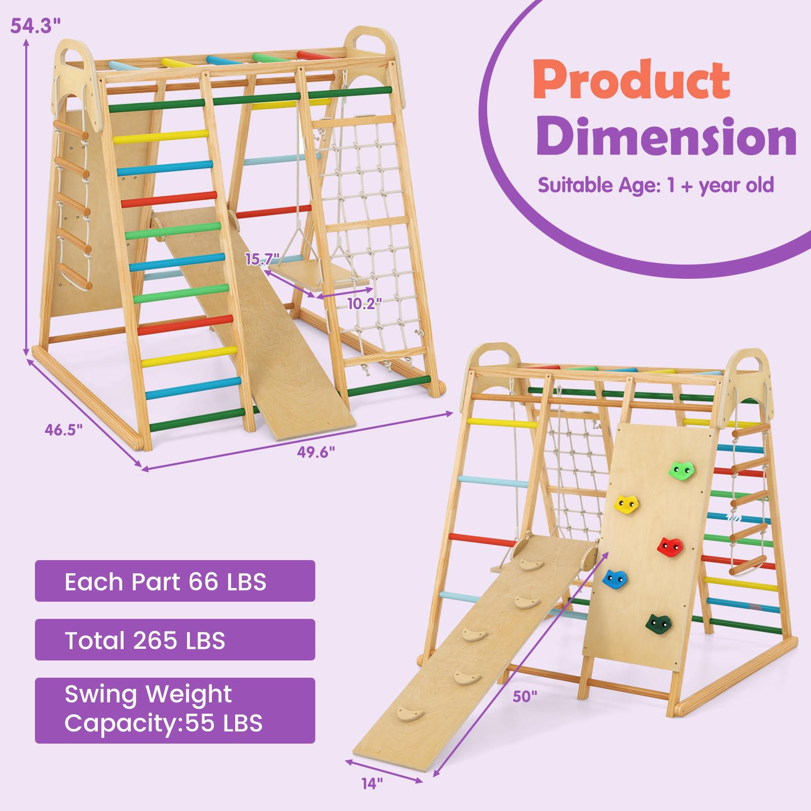Indoor Jungle Gym, 8 in 1 Kids Montessori Indoor Playground Climbing Playset for Toddlers