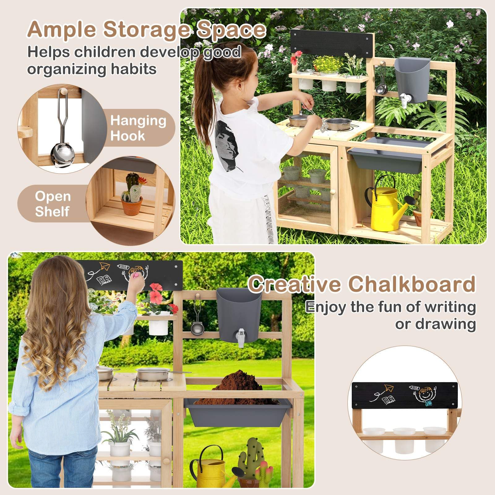 Mud Kitchen for Kids Outdoor, Wooden Toddler Play Kitchen with 12 Plant Pots, Faucet, Stoves