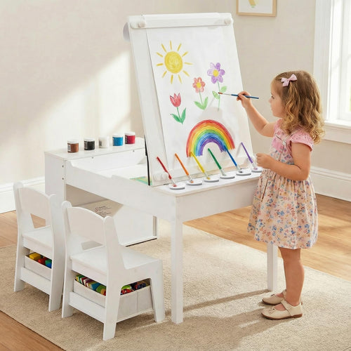 Toddler Art Craft Play Wood Activity Desk with 2 Chairs 4 Storage Canvas Bins Paper Roll for Writing Drawing